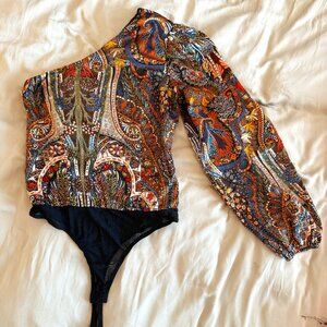 Lulu's Black Multi Print One-Shoulder Bodysuit